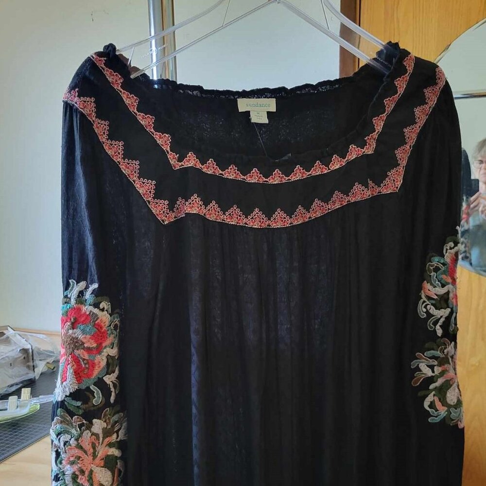 Beautiful Black Boho Sundance Catalog Embroidered Blouse